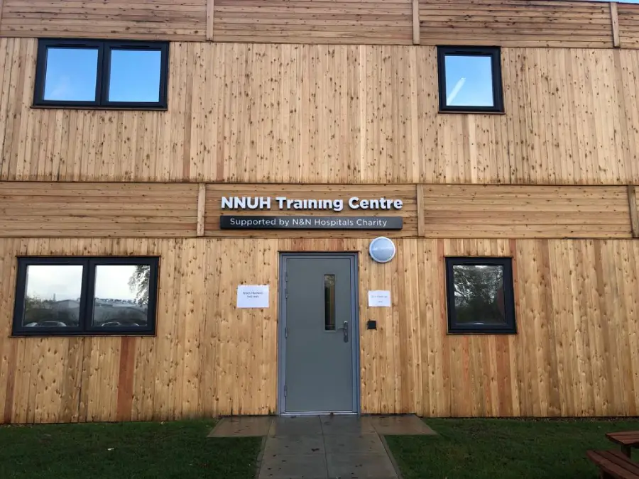 NHS Norwich modular building, wooden brown